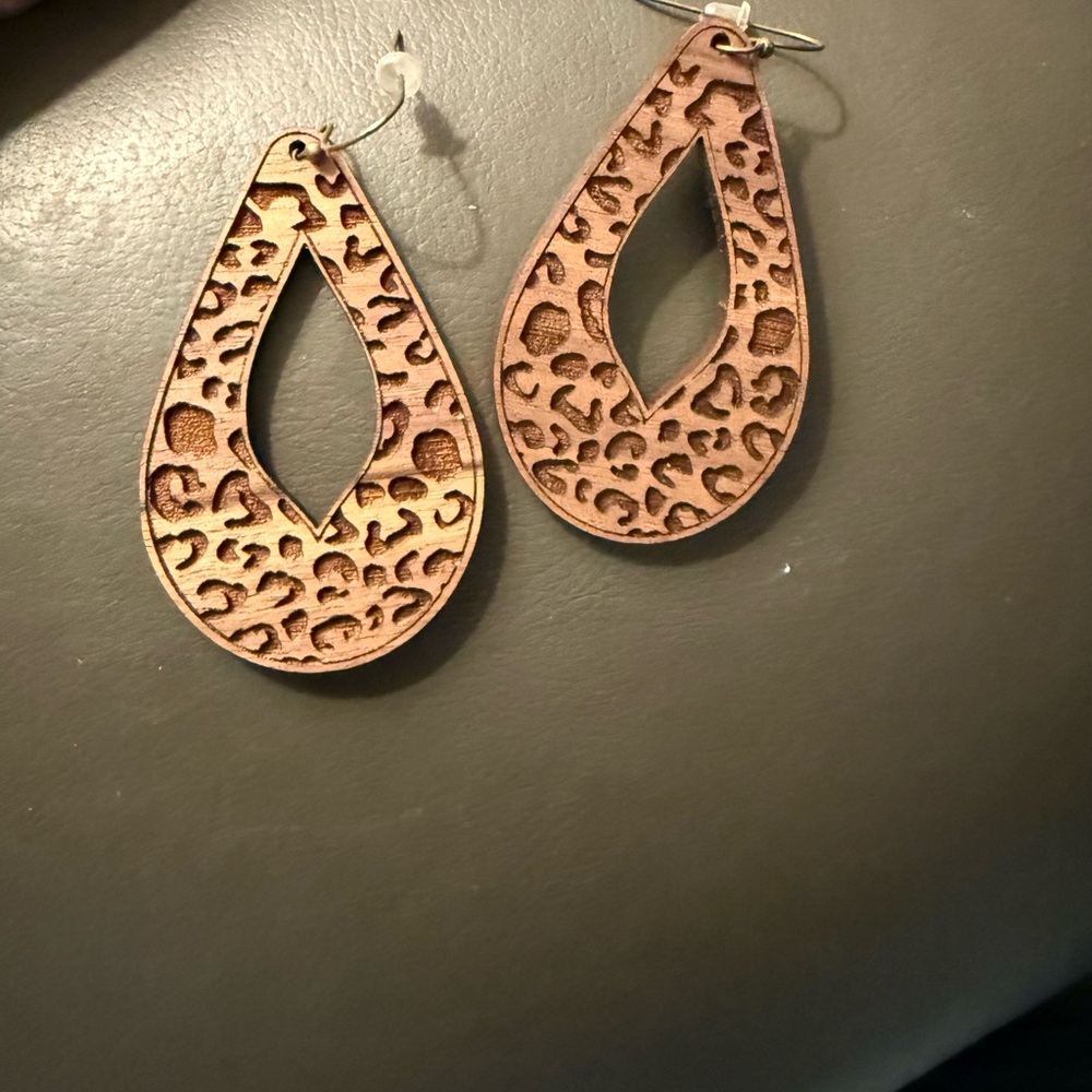 Leopard Pattern Wooden Teardrop Earrings
